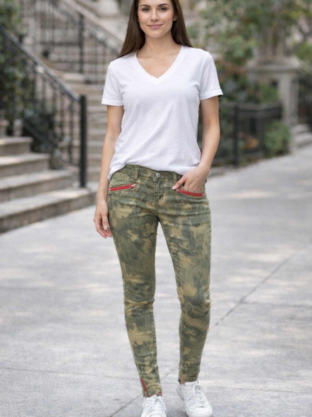 Slim Camo Skinny Jeans with Red Zip Details - Olive Camo